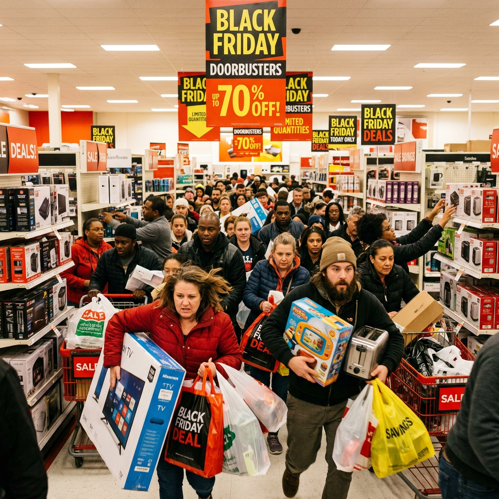 Crowded store aisle with people carrying Black Friday sale items and bags