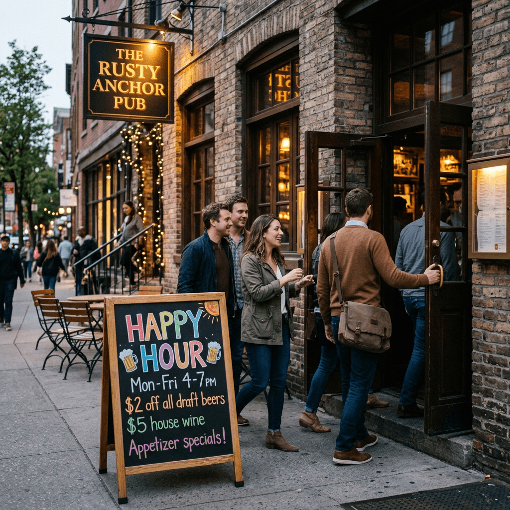 Group of friends entering The Rusty Anchor Pub with happy hour sign outside