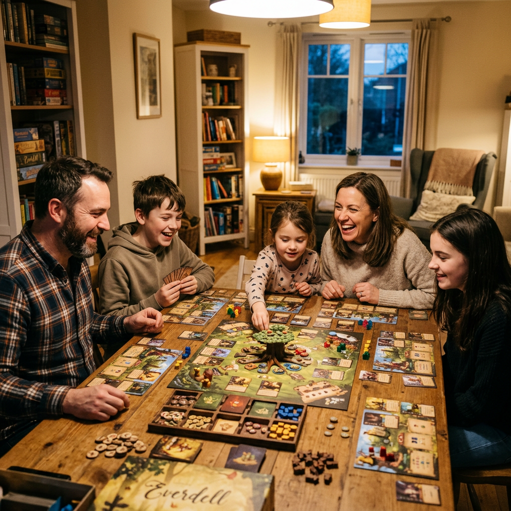 Family of five playing the Everdell board game around a wooden table