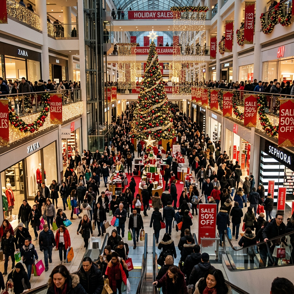 Crowd of shoppers in a mall decorated with holiday lights, wreaths, and Christmas tree, with sale signs around